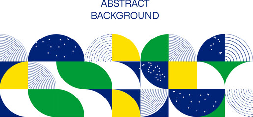 Abstract modern geometric background from simple geometric shapes, circles, circles. The colors of the flag of Brazil are green, blue, yellow.
