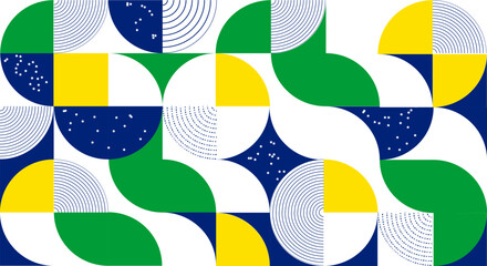 Abstract modern geometric background from simple geometric shapes, circles, circles. The colors of the flag of Brazil are green, blue, yellow.