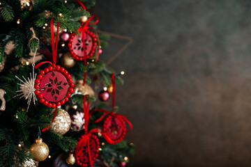 Christmas tree decorations. Christmas and New Year concept. Creative festive holiday layout. place for text