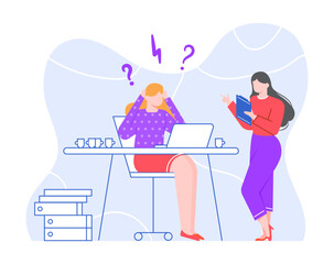 Fototapeta premium Stressed business people. Female manager sitting at desk overworked. Employee in stress, drinking coffee