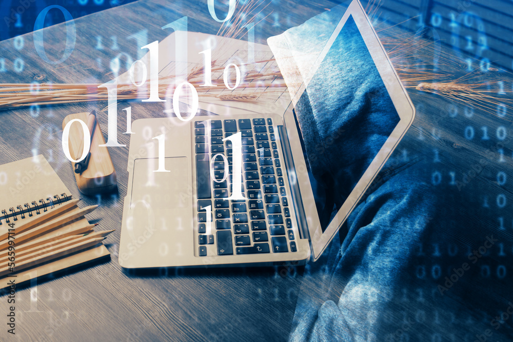 Poster Multi exposure of table with computer on background and data theme drawing. Concept of innovation.