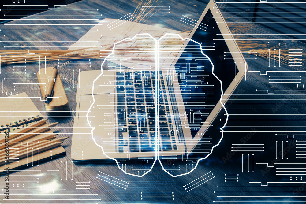 Aufkleber Double exposure of desktop with computer and brain drawing hologram. Artificial intelligence concept.