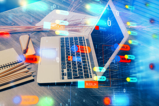 Multi exposure of table with computer on background and data theme drawing. Concept of innovation.