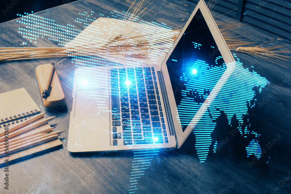 Poster computer on desktop with social network hologram. double exposure. concept of international people c