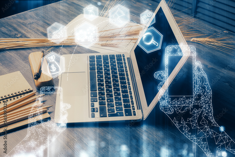 Poster Computer on desktop in office with technology theme hologram. Double exposure. Tech concept.