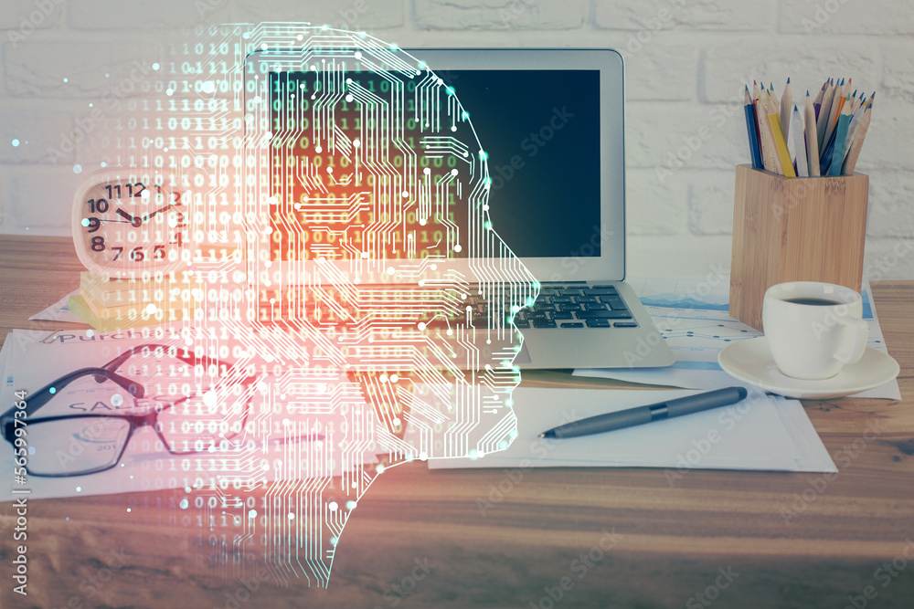 Poster double exposure of desktop with computer and brain drawing hologram. artificial intelligence concept