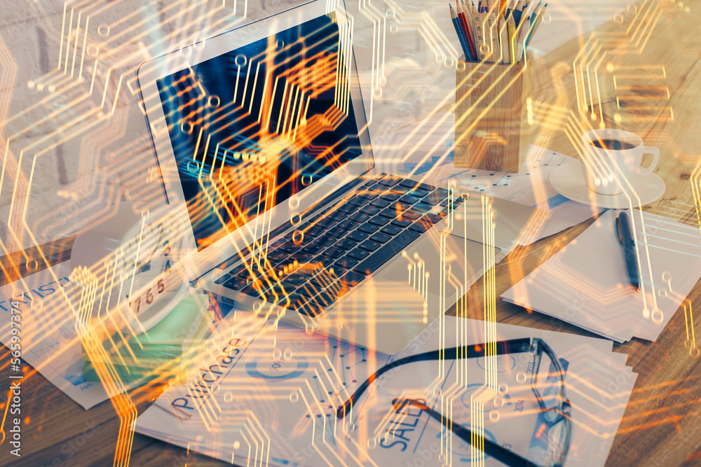 Poster Computer on desktop in office with technology theme hologram. Double exposure. Tech concept.