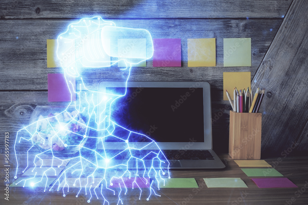 Poster Computer on desktop with AR theme icon. Multi exposure. Concept of augmented reality.