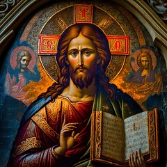 Traditional orthodox icon Jesus Christ God holy Trinity symbolism  - obrazy, fototapety, plakaty
