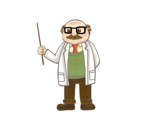 A professor or scientist with a mustache and glasses pointing his stick.