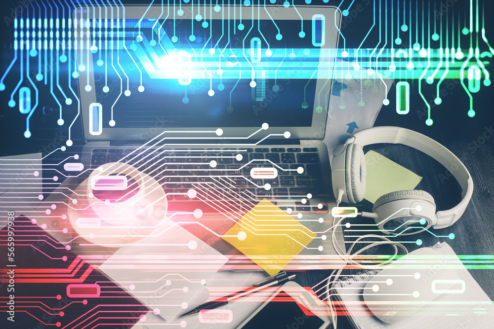 Aufkleber Double exposure of desktop with computer on background and tech theme drawing. Concept of big data.