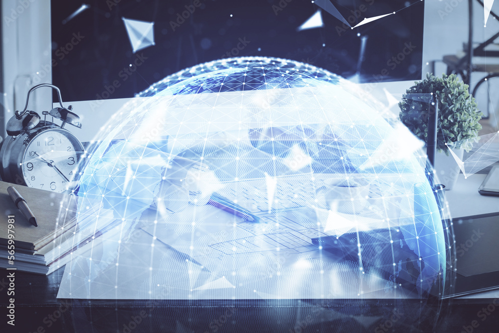 Poster Double exposure of business theme icons and work space with computer background. Concept of success.