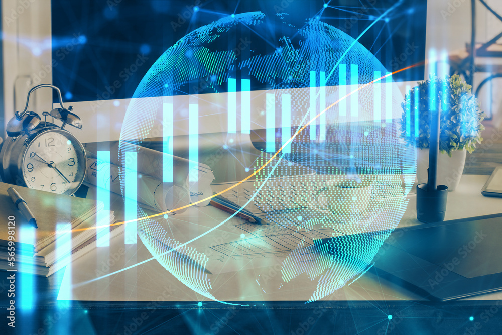 Poster double exposure of forex chart and work space with computer. concept of international online trading