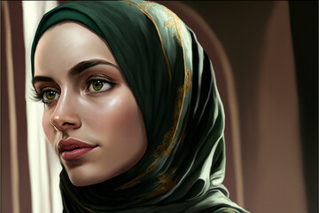 Naklejka premium Fictional Person, young Muslim woman, with fair skin, wearing a hijab in tangier, in a beautiful late afternoon, with light-colored eyes, generated by IA