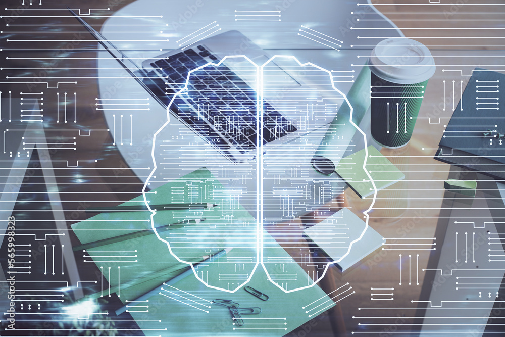 Poster double exposure of desktop computer and human brain drawing hologram. ai concept.
