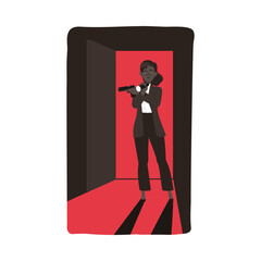 Female Detective Aiming Handgun Standing in Open Door with Flashlight Vector Illustration