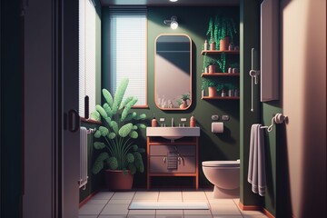  a bathroom with a toilet, sink, mirror and a plant in it, and a window with blinds on the side of the room.  generative ai