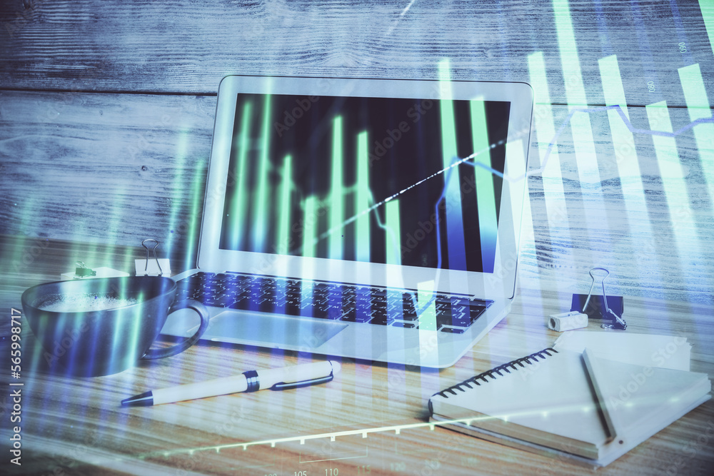 Poster double exposure of forex chart and work space with computer. concept of international online trading
