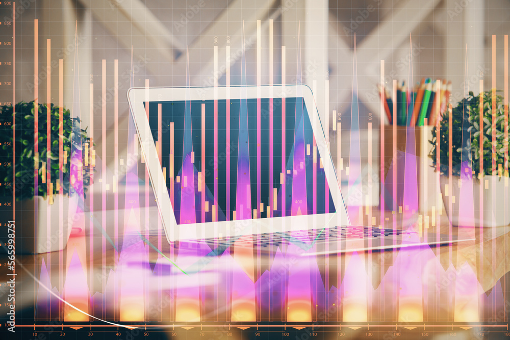 Poster Double exposure of chart and financial info and work space with computer background. Concept of international online trading.