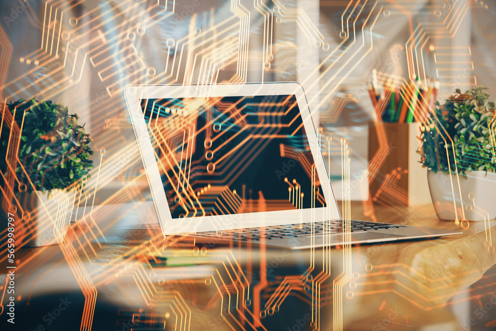 Poster computer on desktop in office with technology theme hologram. double exposure. tech concept.