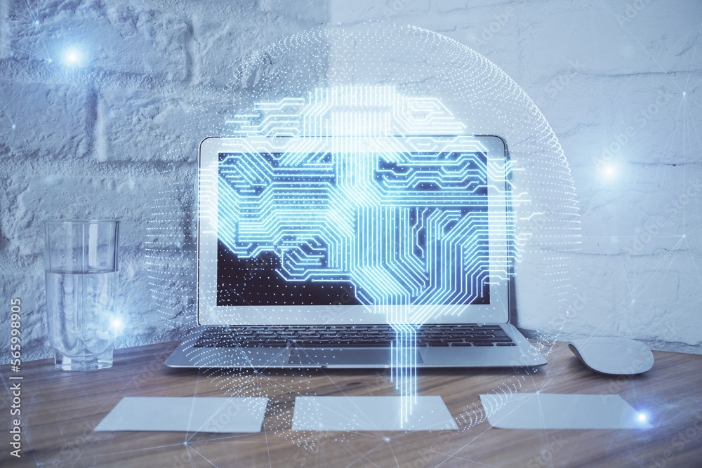 Poster Double exposure of work space with computer and human brain drawing hologram. Brainstorm concept.