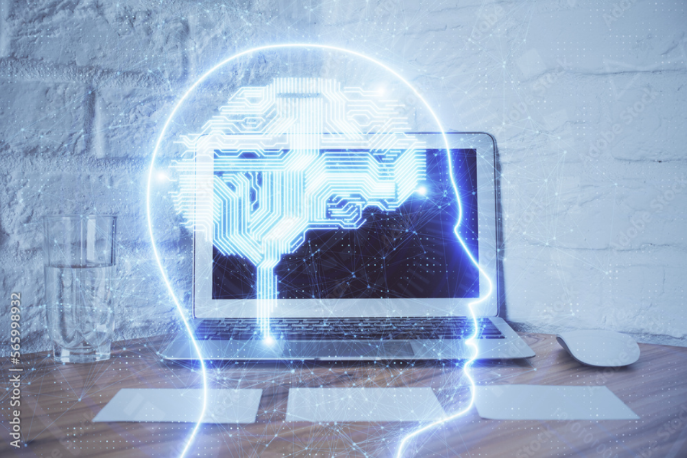Poster double exposure of work space with computer and human brain drawing hologram. brainstorm concept.