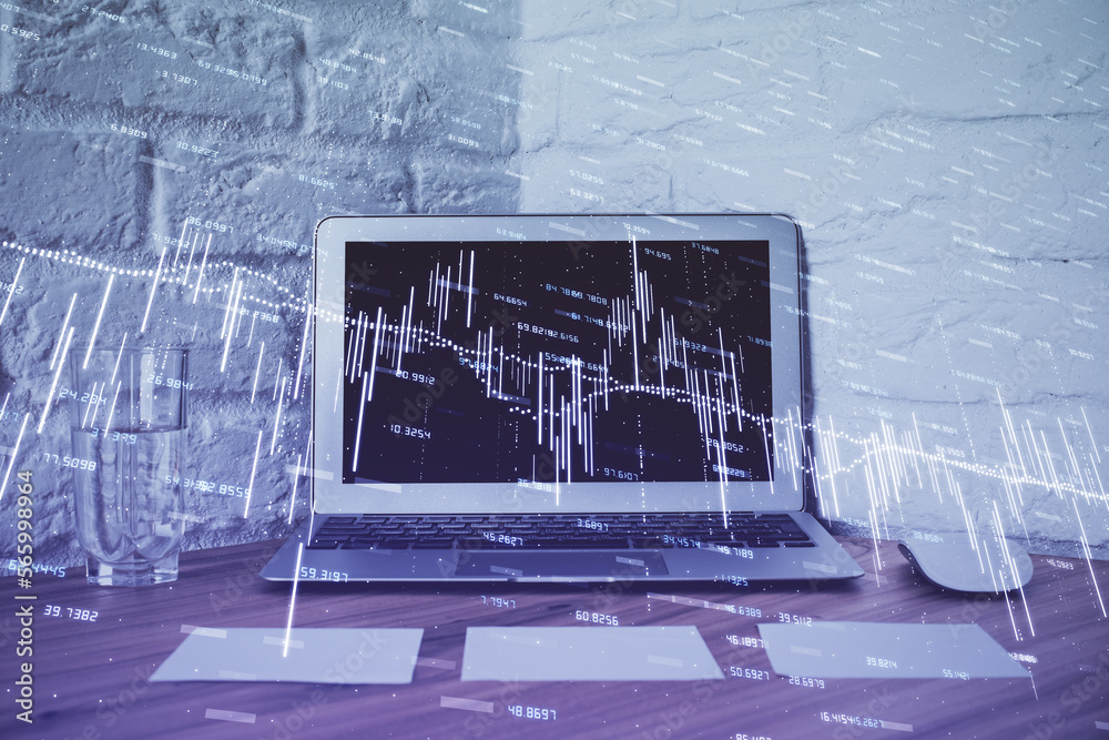 Poster Double exposure of chart and financial info and work space with computer background. Concept of international online trading.