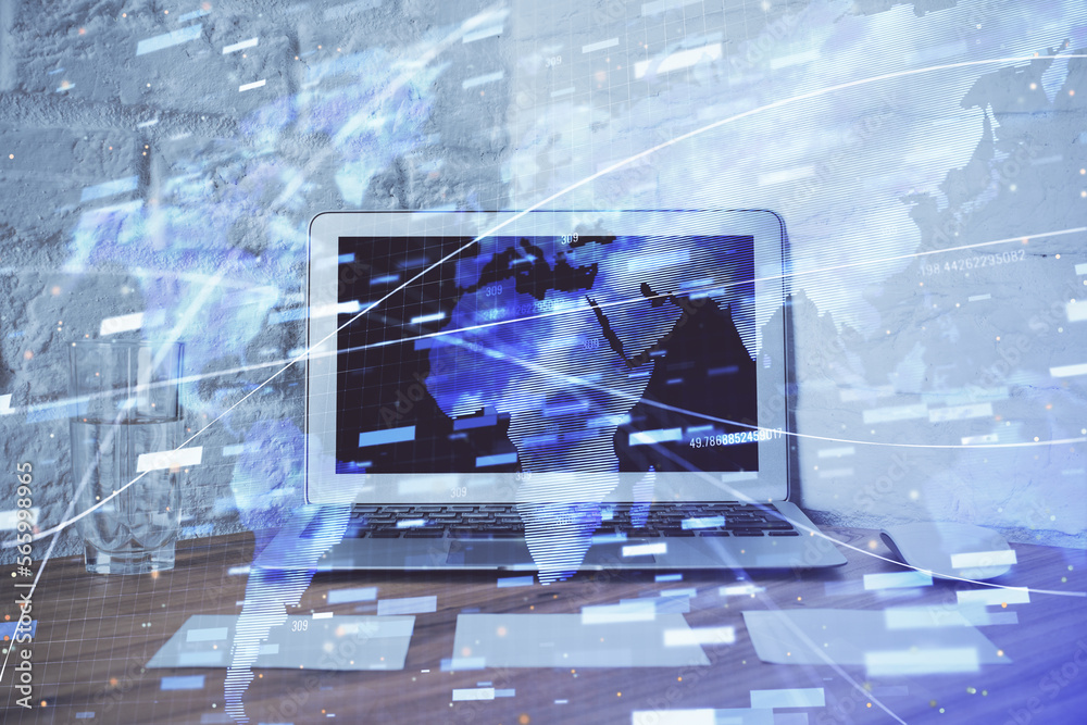 Aufkleber Double exposure of desktop with personal computer on background and tech theme drawing. Concept of Bigdata.