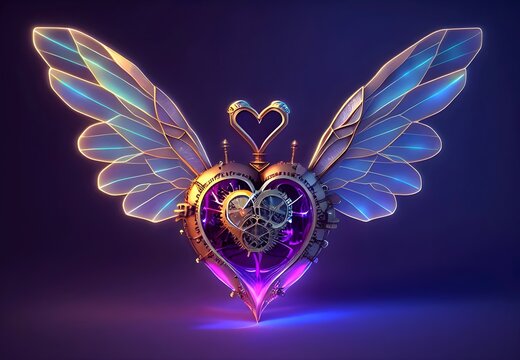 Steampunk purple heart with transparent wings , generativi ai