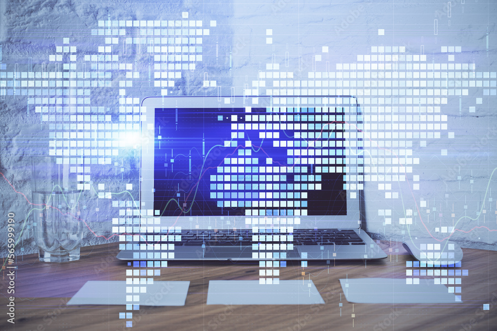 Aufkleber Double exposure of business theme icons and work space with computer background. Concept of success.