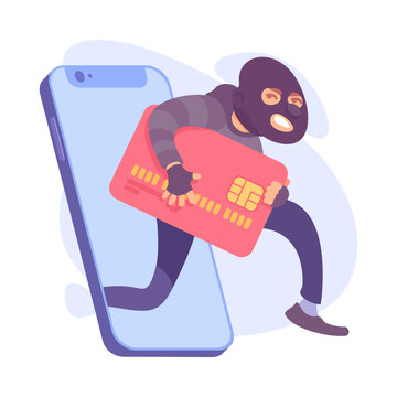 Man Criminal In Mask Stealing Credit Card Data From Smartphone Committing Crime Vector Illustration