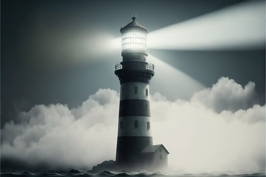  a lighthouse in the middle of the ocean with a light shining on it's head and clouds surrounding it and a boat in the water.  generative ai