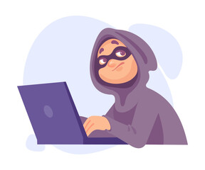 Man Criminal in Hoody and Mask at Laptop Stealing Money Committing Crime in Cyberspace Vector Illustration