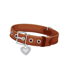 Pet collar vector illustration. Cartoon isolated leather belt with buckle, stud and metal heart locket on chain, brown strap collar and necklace for dog or cat, veterinary accessory for animals