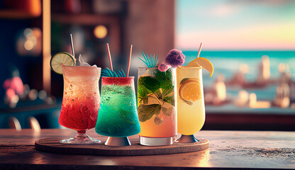 Tropical Cocktails in a beach bar with the sea on the background. Refreshing tasty alcohol cocktail. Summer party, summer vacations, summer holidays, summertime, drinks. Generative AI.