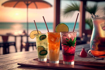 Summer cocktails on luxury tropical beach resort at sunset. Exotic summer drinks cocktails. Youth and summer vacation concept. Party, Vacations, summer holidays, summertime. Generative AI. © Pol Solé