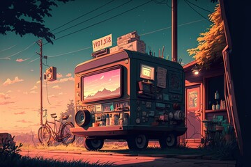 A small fantasy anime-style caravan on a grassy road with a bicycle next to it at sunset, with warm, cozy colors, generative ai - obrazy, fototapety, plakaty