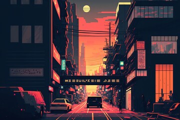 A dark city street on a warm and cozy orange sunset, generative ai