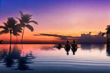 Illustration of a couple watching the tropical sunset in an infinity pool while on vacation. Ai generated.