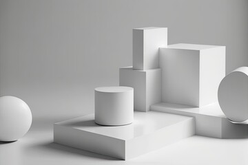 Simple white abstract podium, with studio lighting and a white background, to place products. Ai generated.