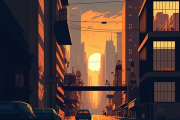 An anime city street with tall buildings in the background and a warm, orange sunset, in a lofi cartoon style, generative ai