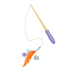 Toy for cat vector illustration. Cartoon isolated stick with feather and fluffy colorful balls on long string for kitten to play, wand teaser or fishing rod, item of pet shop for fun games of cats