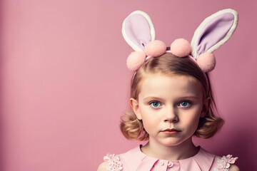 Obraz na płótnie Canvas Young lady wearing bunny ears headband, isolated on pink background in studio photography. Ai generated