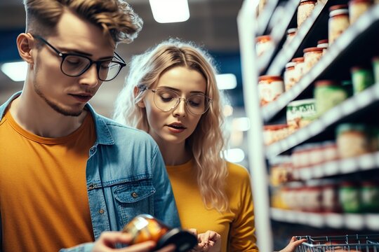 Young couple holding food in a supermarket checking the high prices due to inflation. Ai generated.