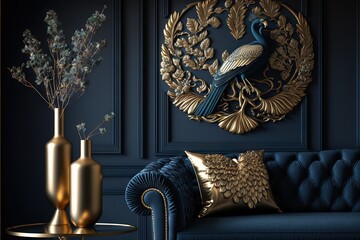  a living room with a blue couch and a gold peacock wall hanging on the wall and a vase with flowers on the table and a blue couch.  generative ai