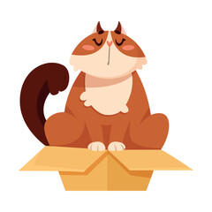 Funny Cat Domestic Pet Sitting in Cardboard Box Vector Illustration