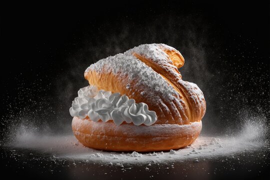  a powdered pastry with icing on a black background with a splash of sugar on top of the doughnut and sprinkles.  generative ai