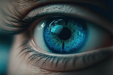  a close up of a blue eye with a reflection of a moon in the center of the iris of the eye and a black circle around the eye.  generative ai