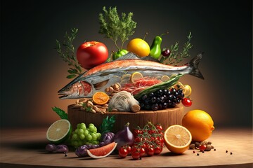 Fototapeta na wymiar a painting of a fish surrounded by fruits and vegetables on a wooden table with a black background and a dark background behind it is an orange and green. generative ai
