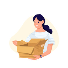 Angry customer holding broken empty cardboard box vector illustration. Cartoon isolated young upset woman opening box with bad shipping, person unboxing parcel with problem of delivery service